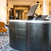 Artisan striped glass-grey with silver film-bended glass for the reception desk-meeting area-grand hansa hotel helsinki (5)